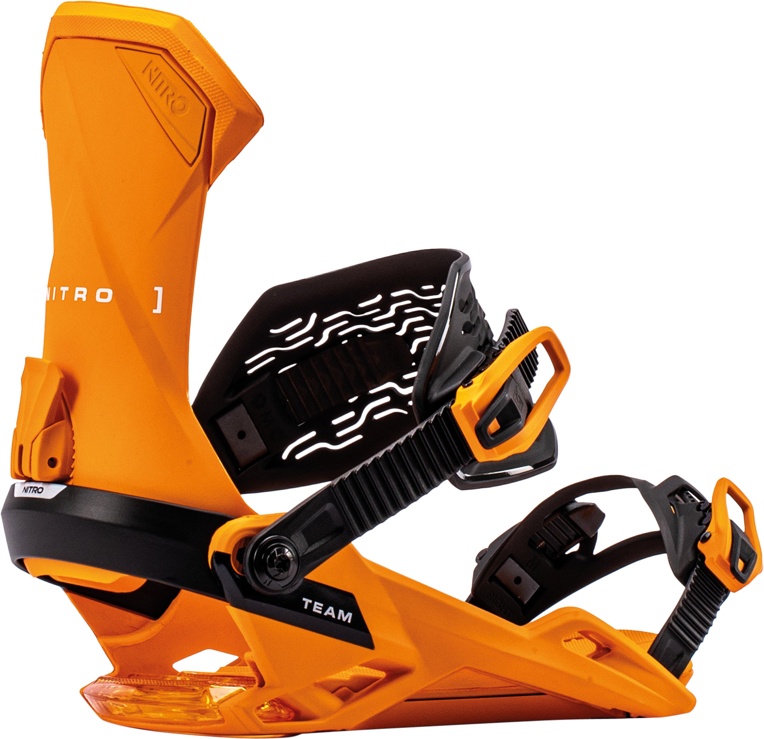 Orange Nitro Team snowboard bindings for 2027, shown mounted on a snowboard, designed for snowboarding performance and style.