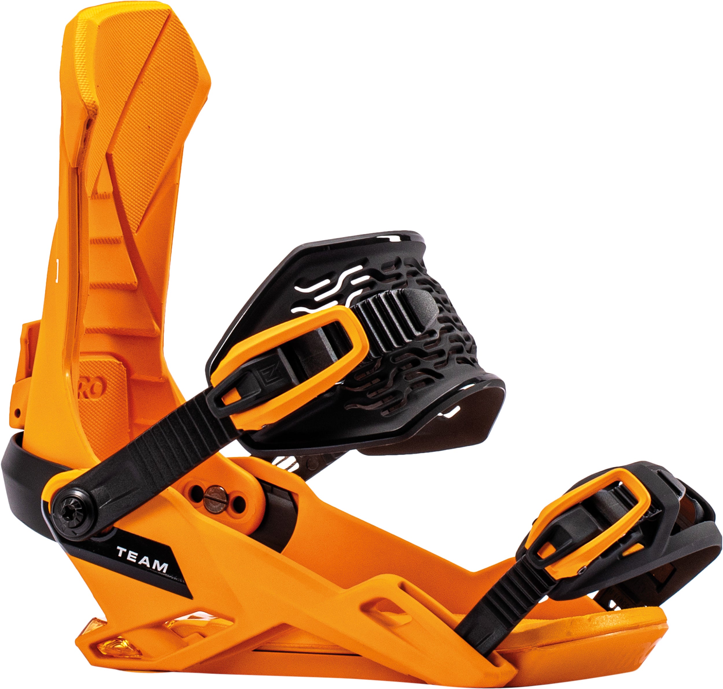 Orange Nitro Team snowboard bindings for 2027, shown from the side view with straps and high-back support.