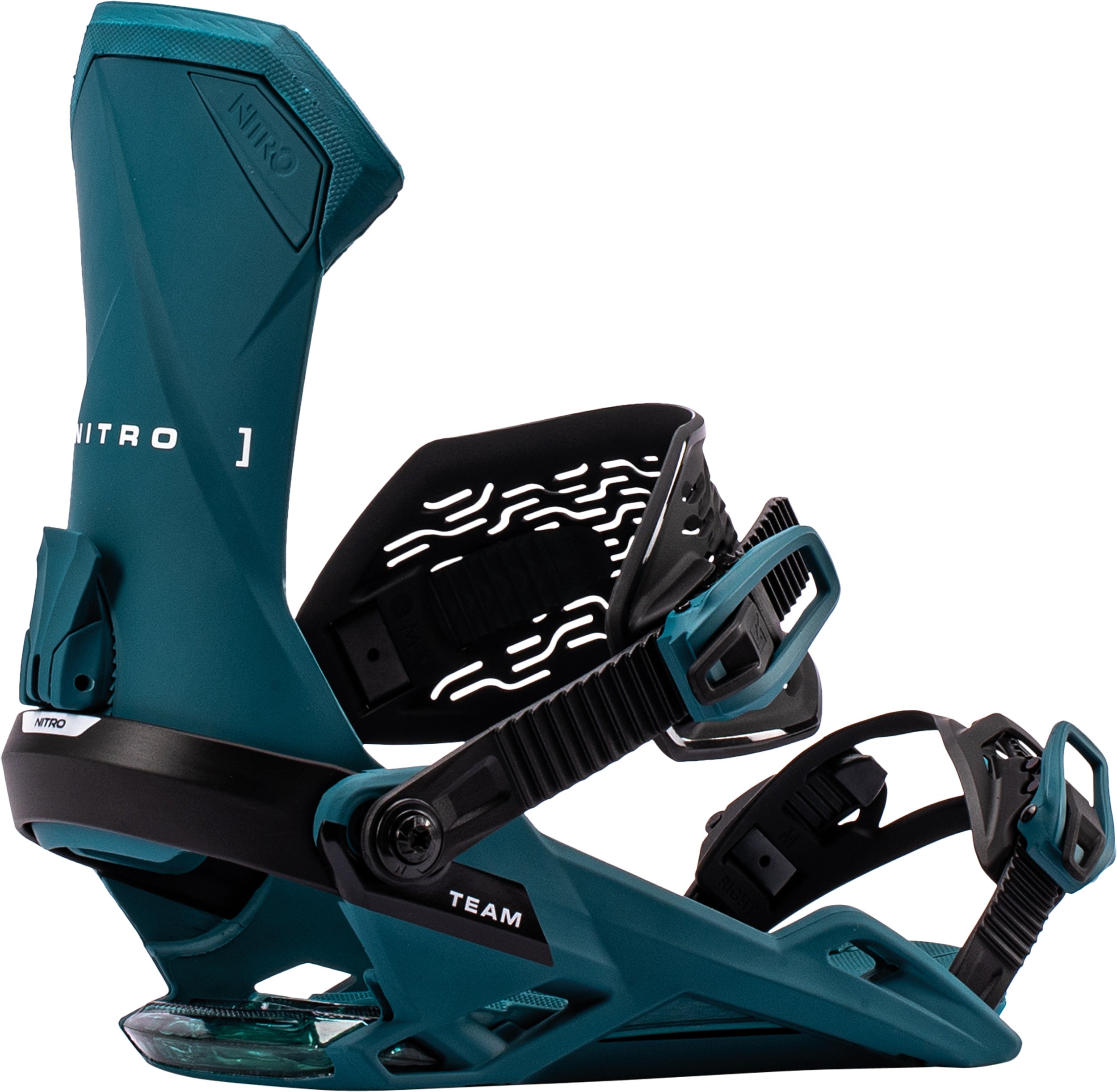 Teal Nitro Team snowboard bindings for 2027, showcasing adjustable straps and sturdy construction for snowboarding.