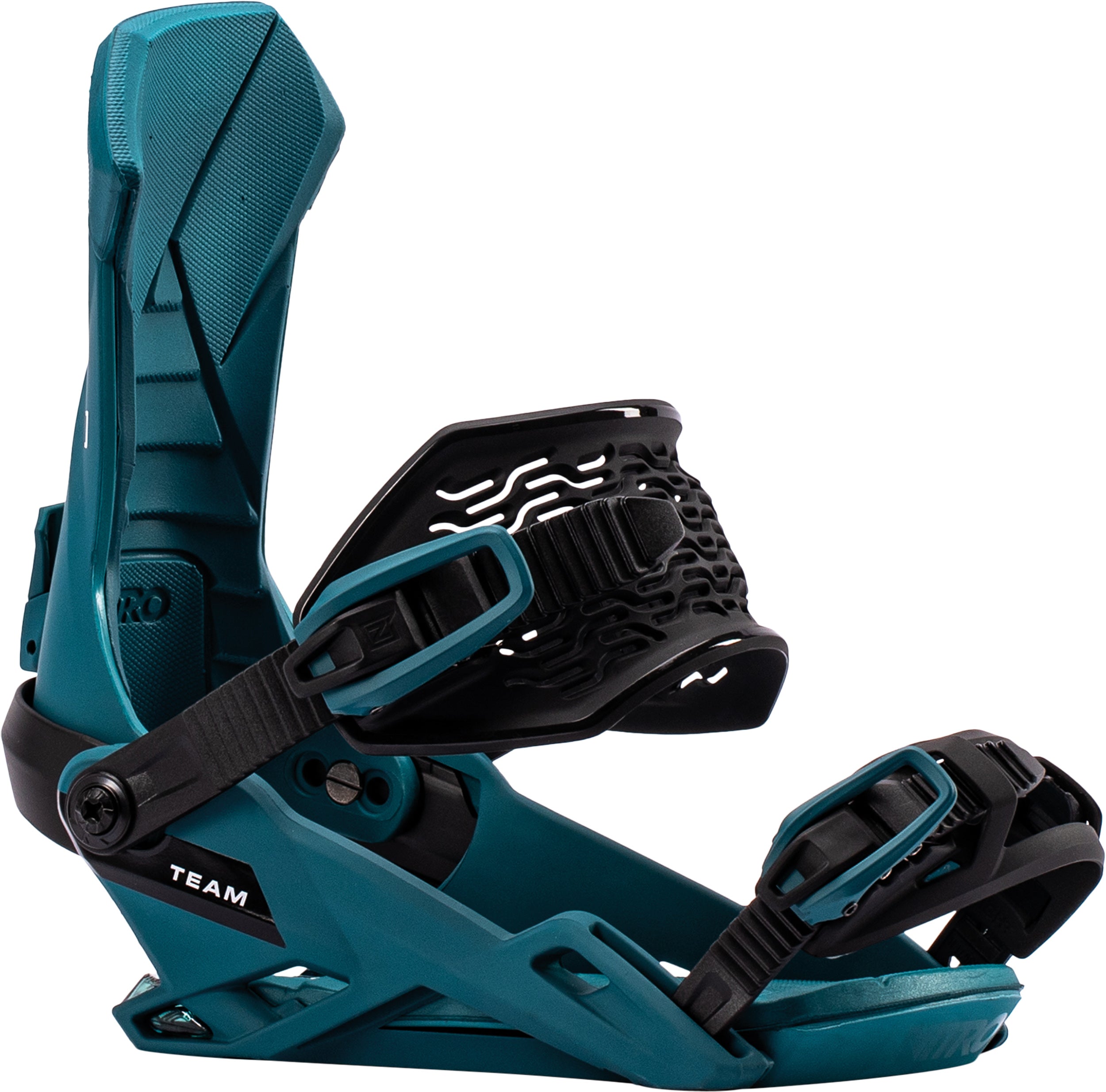 Teal Nitro Team snowboard bindings mounted on a snowboard, featuring adjustable straps and high-back support.