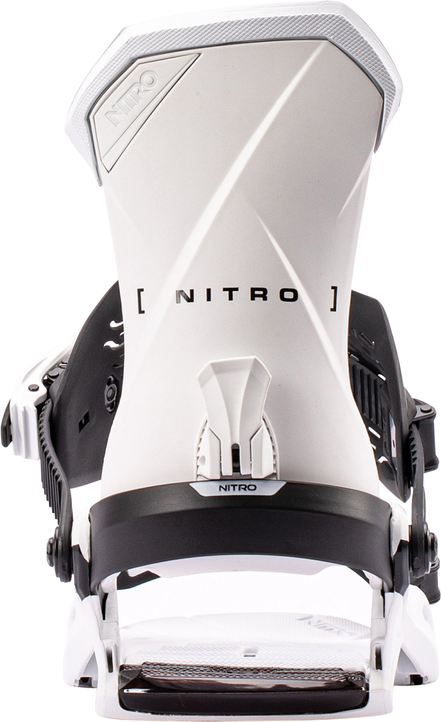 White Nitro Team Snowboard Bindings with highback and straps for snowboarding, designed for performance and comfort.