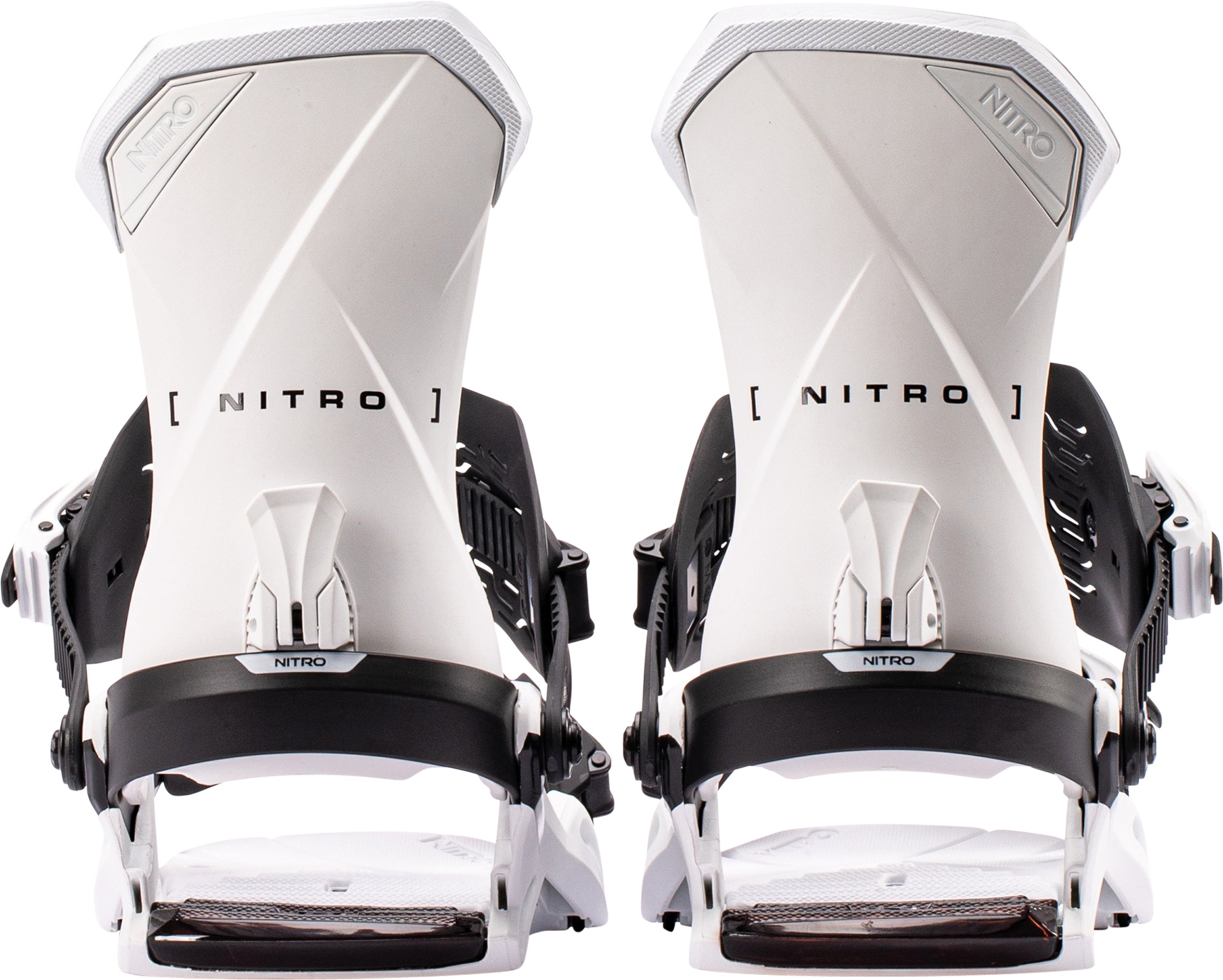 White Nitro Team snowboard bindings with highbacks and straps, designed for snowboarding in 2027.