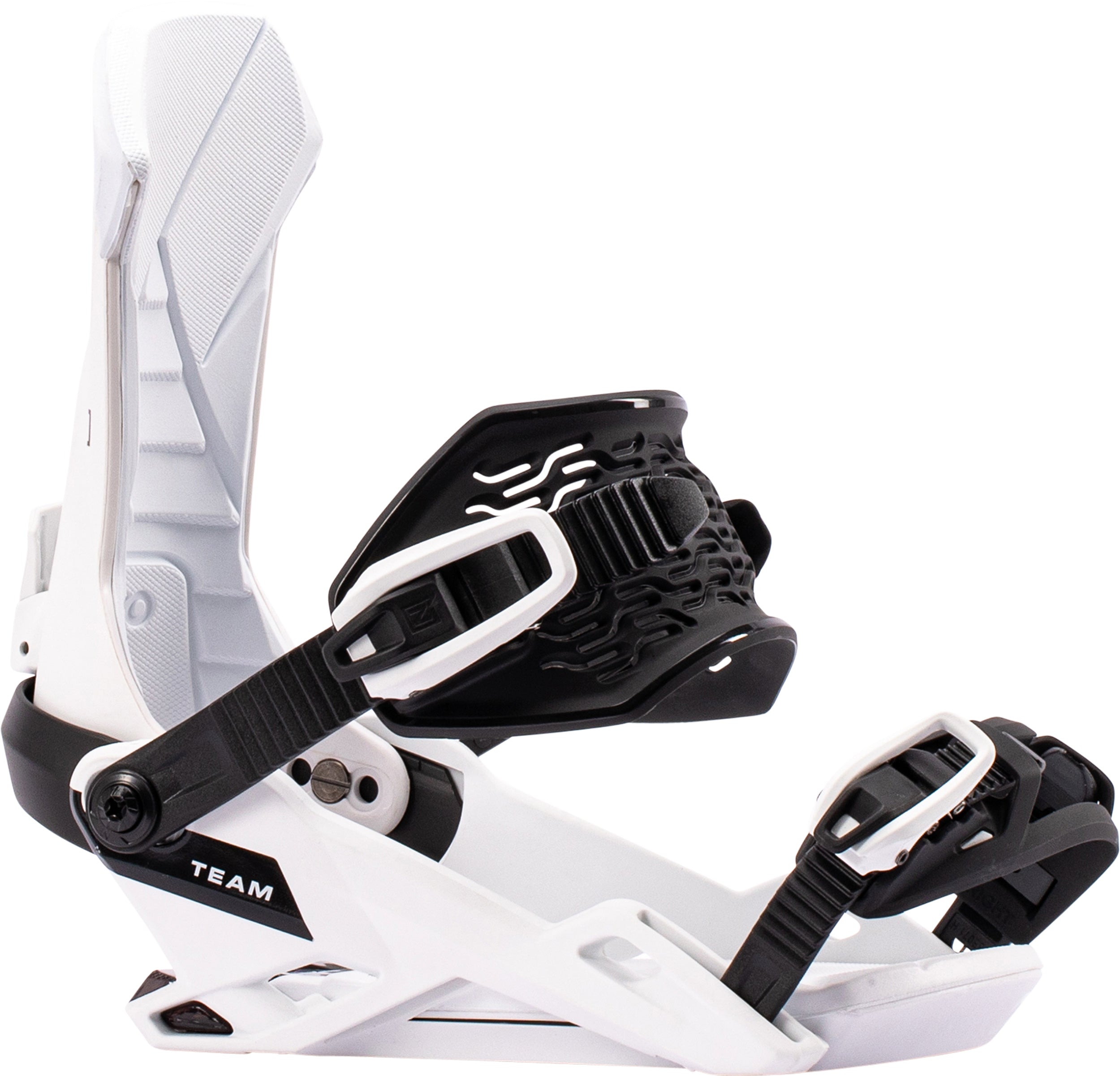 White Nitro Team snowboard bindings 2027 mounted on snowboard, featuring adjustable straps and high-performance design.