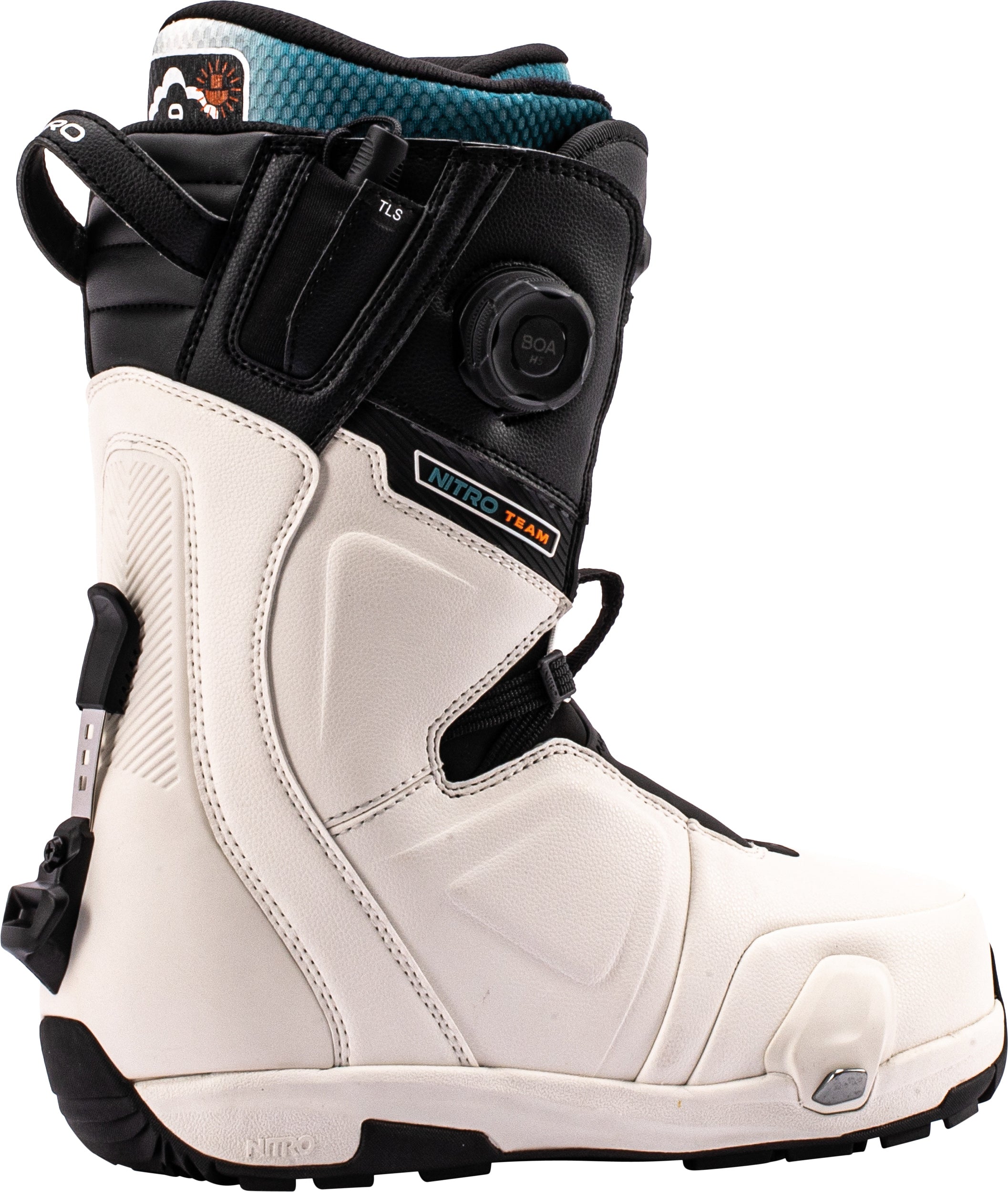 Nitro Team Step On TLS snowboard boots in white and black, shown from the side view, designed for snowboarding in 2027.