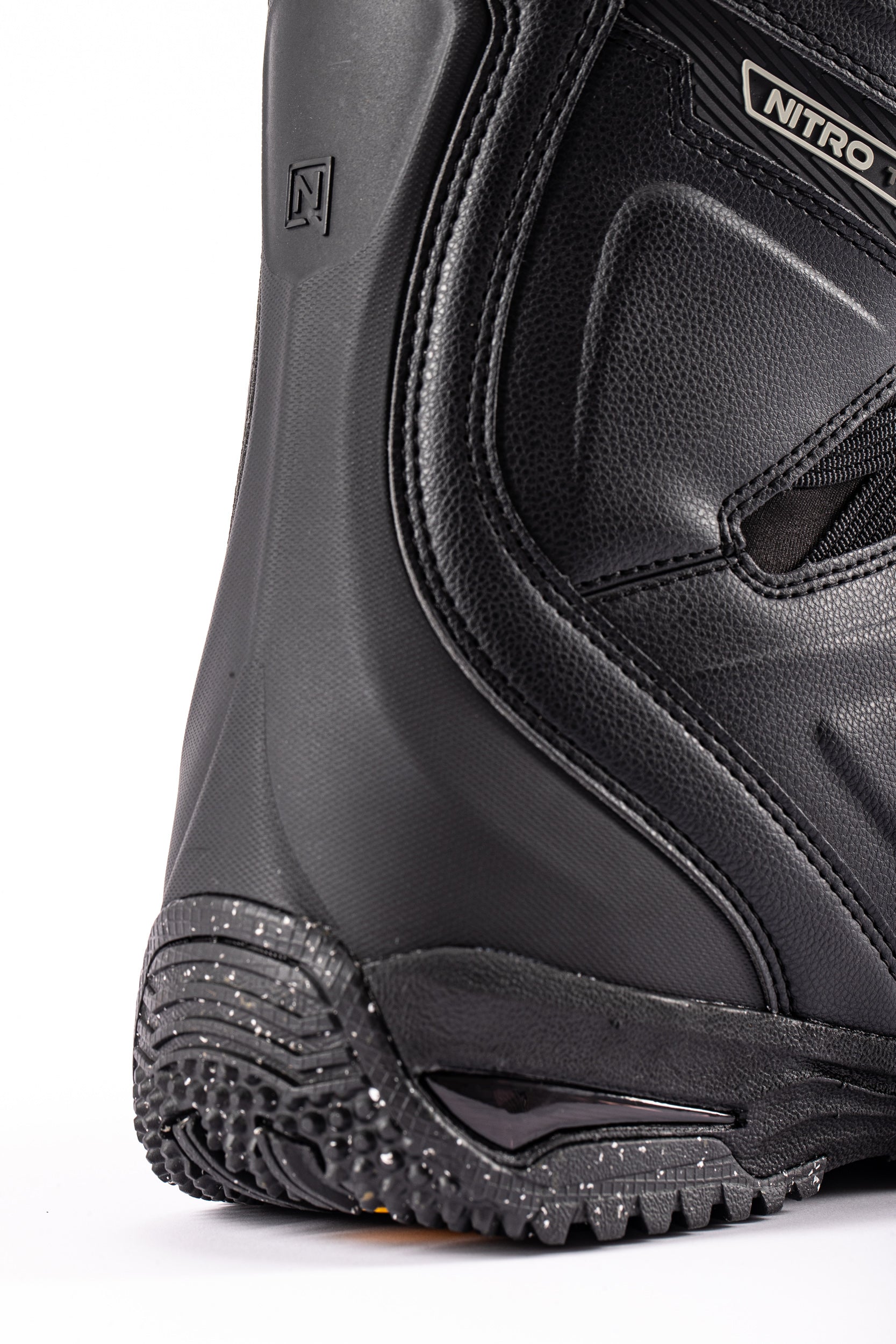 Black Nitro Team TLS snowboard boot from the 2027 collection, showing the heel and branding details.