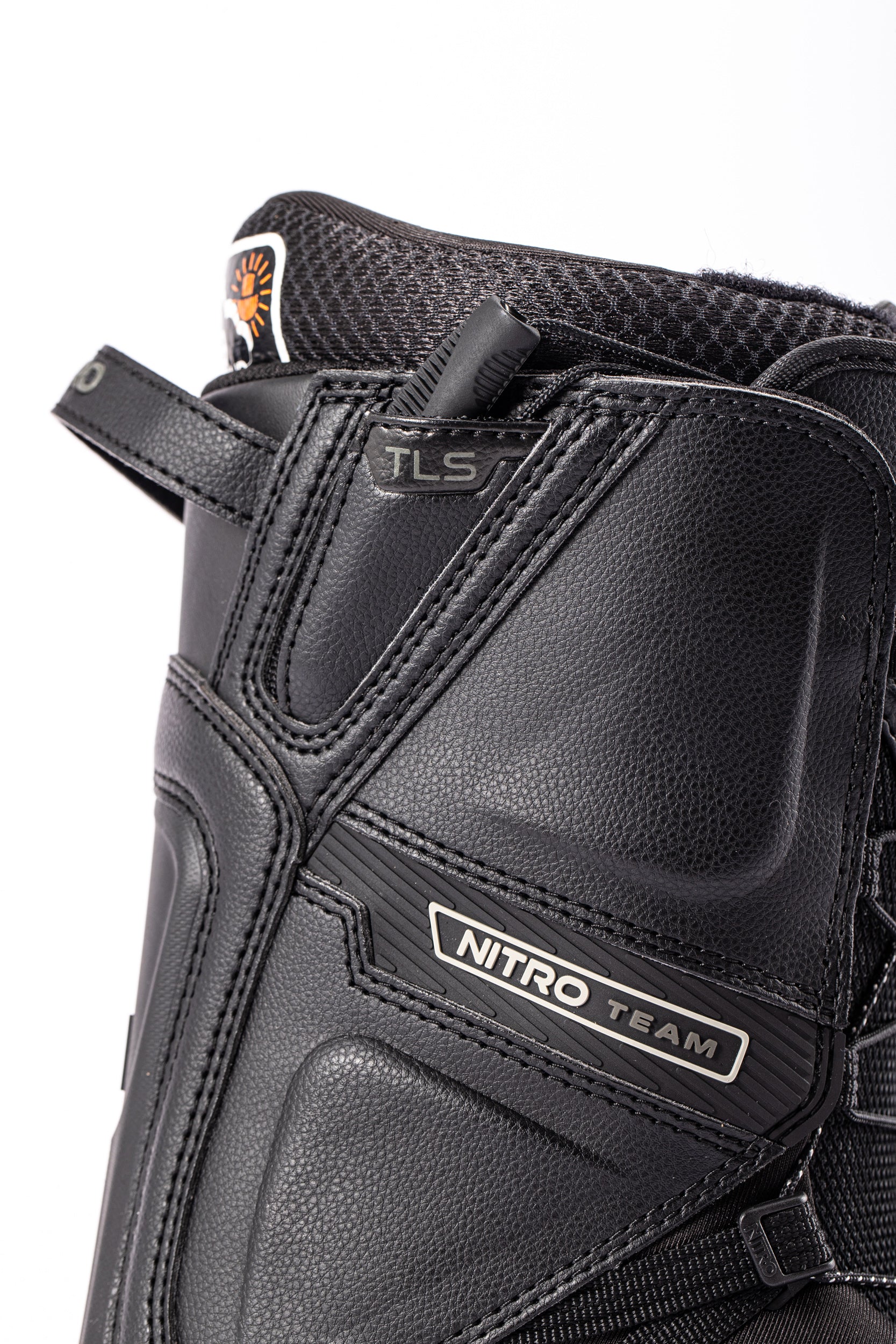 Black Nitro Team TLS Snowboard Boots 2027 with adjustable straps and padded interior, designed for winter snowboarding comfort.