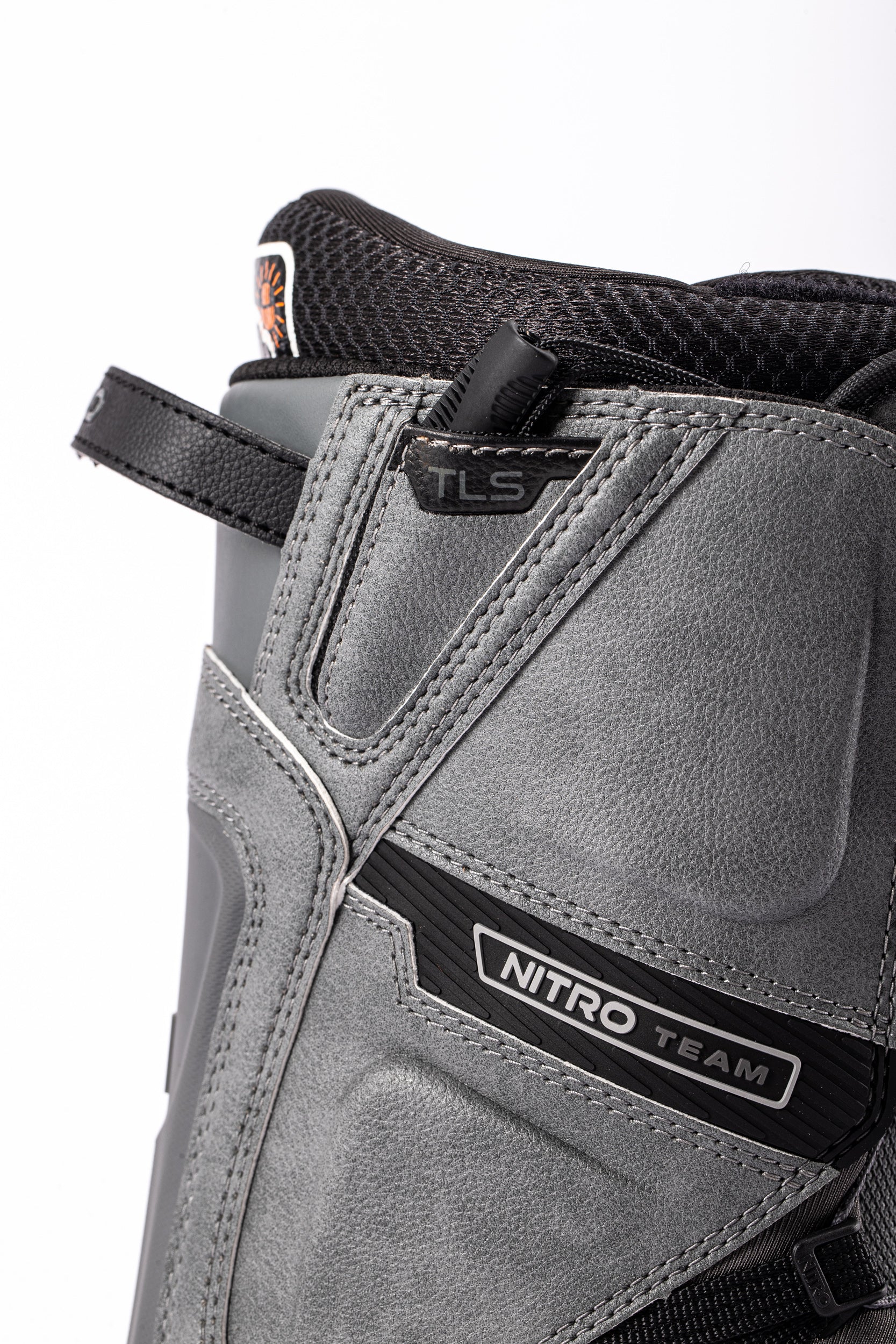 Gray Nitro Team TLS Snowboard Boots for snowboarding, featuring secure lacing system and padded interior for comfort.