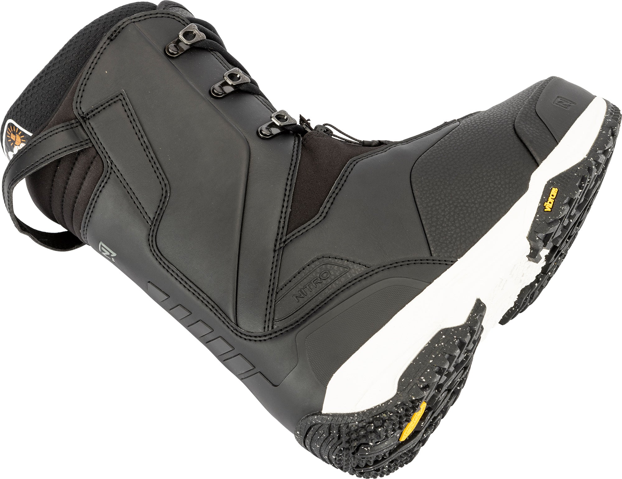 Black Nitro Venture Pro Lace Snowboard Boots 2027 shown from side and bottom angles, featuring durable snow boot design and branding.