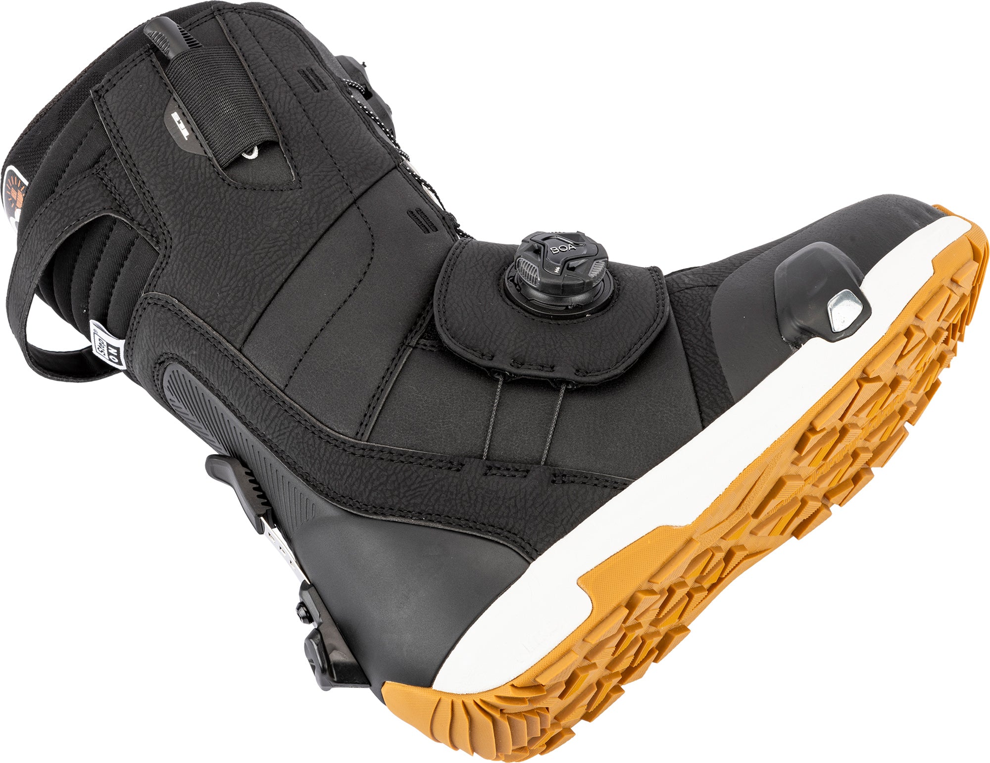 Black Nitro Venture TLS snowboard boots laid flat, featuring step-on design and sturdy construction for snowboarding in 2027.
