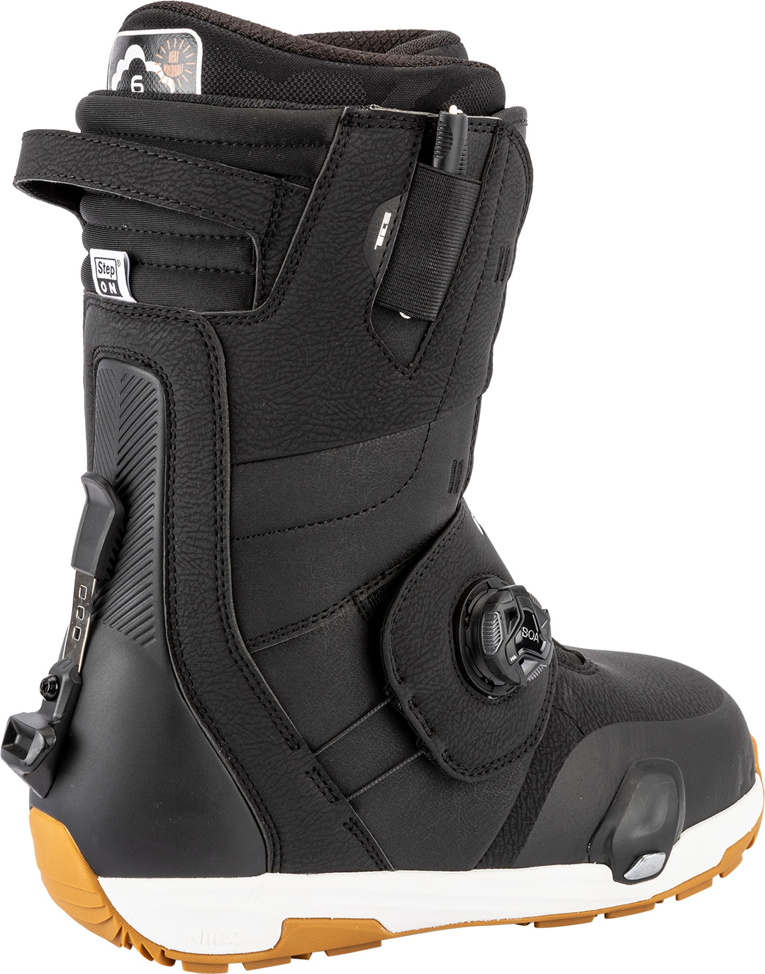 Black Nitro Venture TLS snowboard boot from the 2027 collection, shown from the side view, designed for snowboarding.