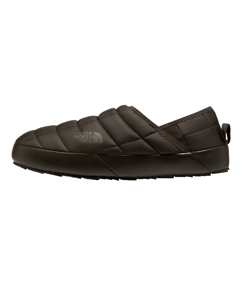 A single dark brown quilted slip-on shoe by The North Face, shown in a side profile view against a plain white background.