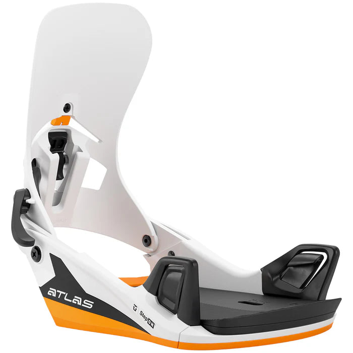 Union Atlas Step On snowboard bindings mounted on a snowboard, designed for snowboarding in winter conditions.