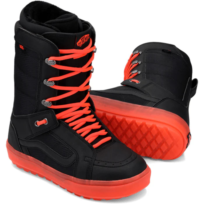 Vans Hi Standard OG snowboard boot in black and orange, designed for winter snowboarding, with padded ankle support and rugged sole