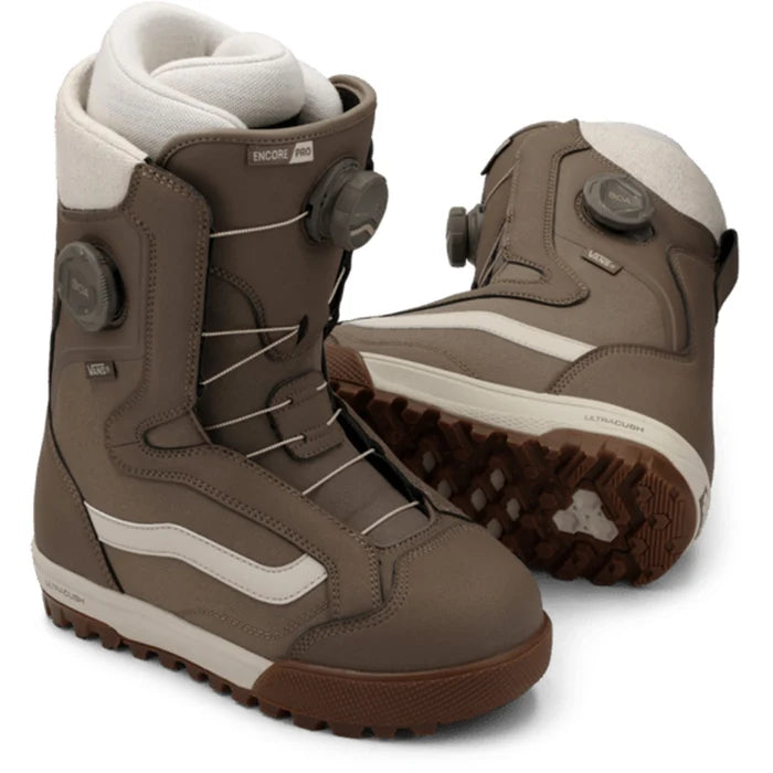 Vans Encore Pro women's snowboard boot in walnut color, featuring padded tongue and lacing system, designed for snowboarding.