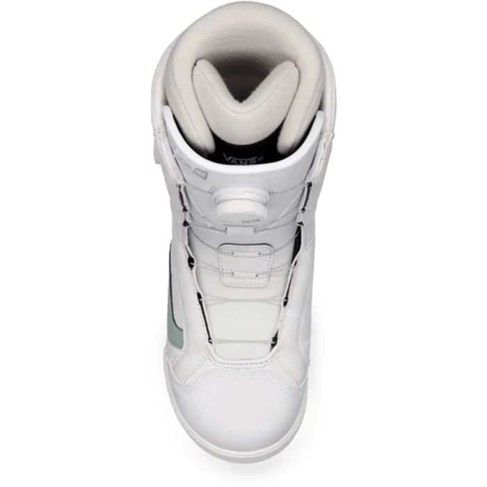 Vans Encore Pro women's snowboard boot in white, gray, and olive with 30th anniversary branding, designed for winter snowboarding.