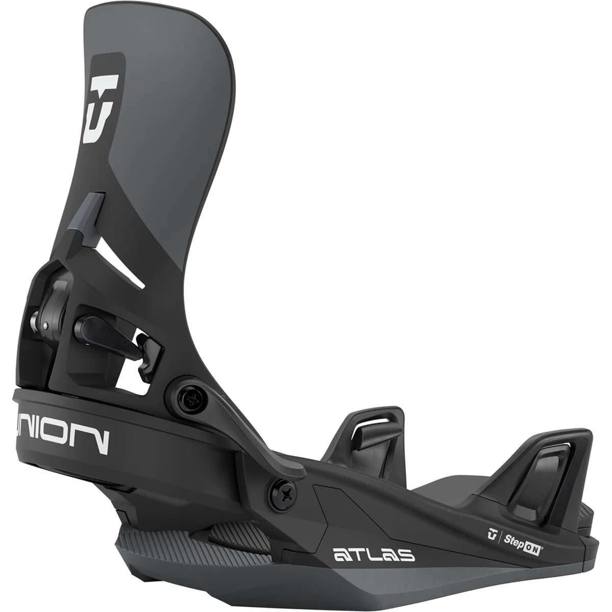 Union Atlas step-on snowboard bindings mounted on a snowboard, designed for winter snowboarding in snowy conditions.