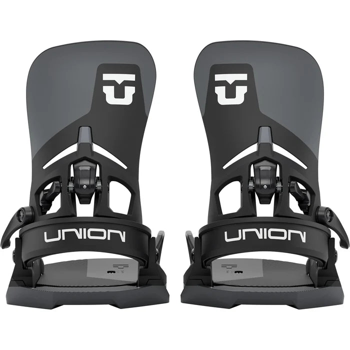 Union Atlas Step On snowboard bindings mounted on a snowboard, designed for snowboarding in winter conditions.