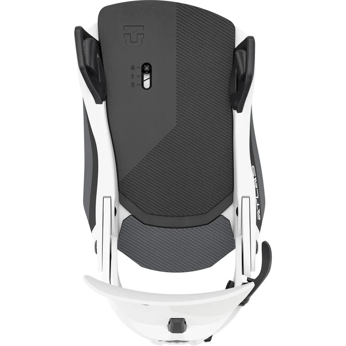 Union Atlas Step On snowboard bindings in black, featuring adjustable straps and high-back support for snowboarding.