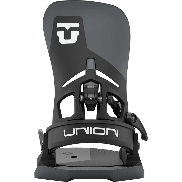 Union Atlas Step On snowboard bindings mounted on a snowboard, featuring durable construction and adjustable straps for snowboarding.