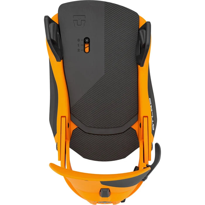Union Atlas Step On snowboard bindings in black mounted on a snowboard, designed for easy snowboarding performance and durability.