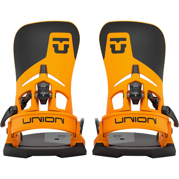 Union Atlas Step On snowboard bindings mounted on a snowboard, designed for snowboarding in winter conditions.