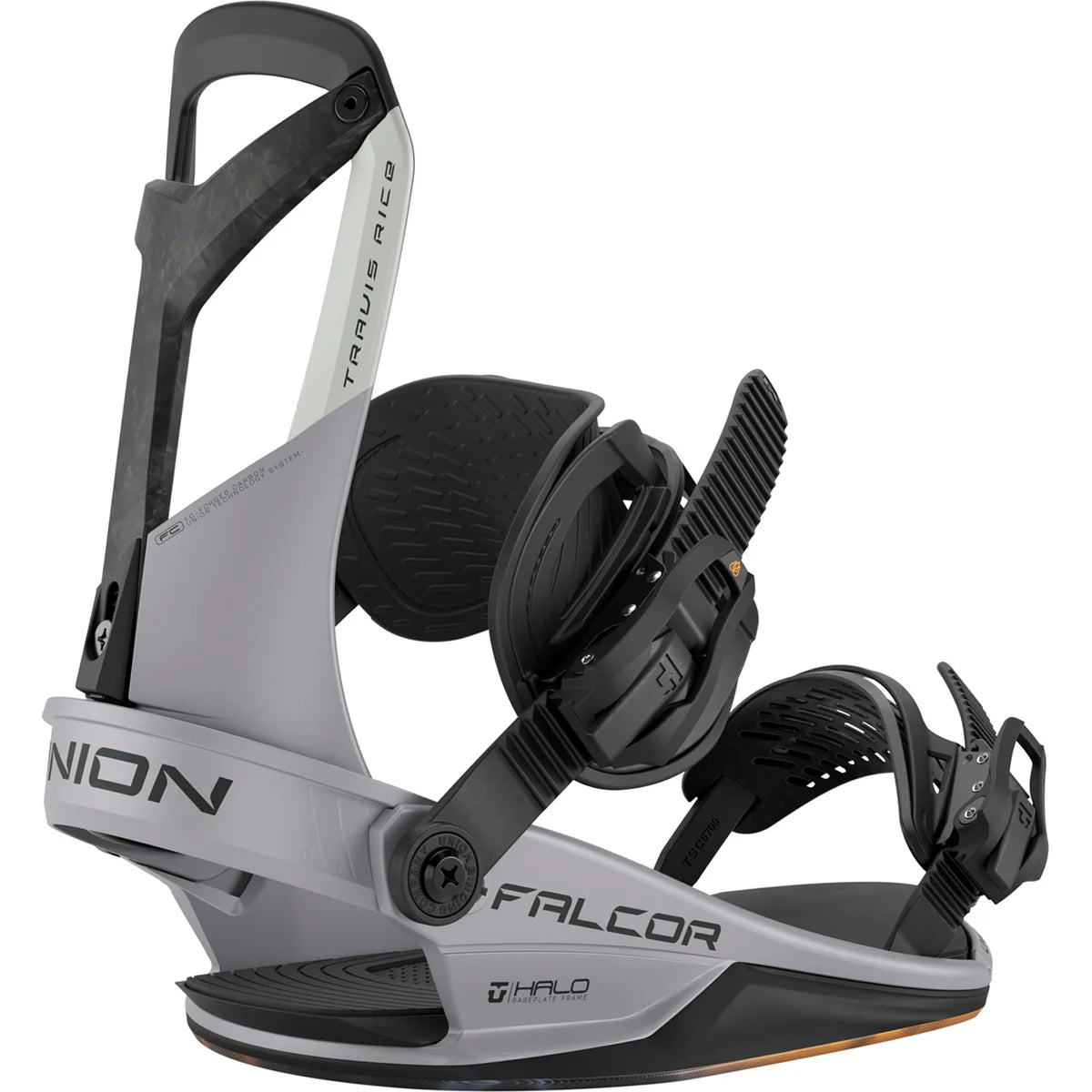 Union Falcor snowboard bindings for winter snowboarding, featuring adjustable straps and durable construction.