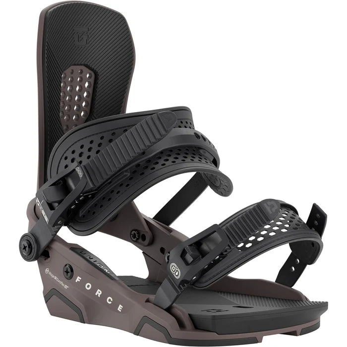 Union Force snowboard bindings for winter snowboarding, featuring durable straps and high-performance design.
