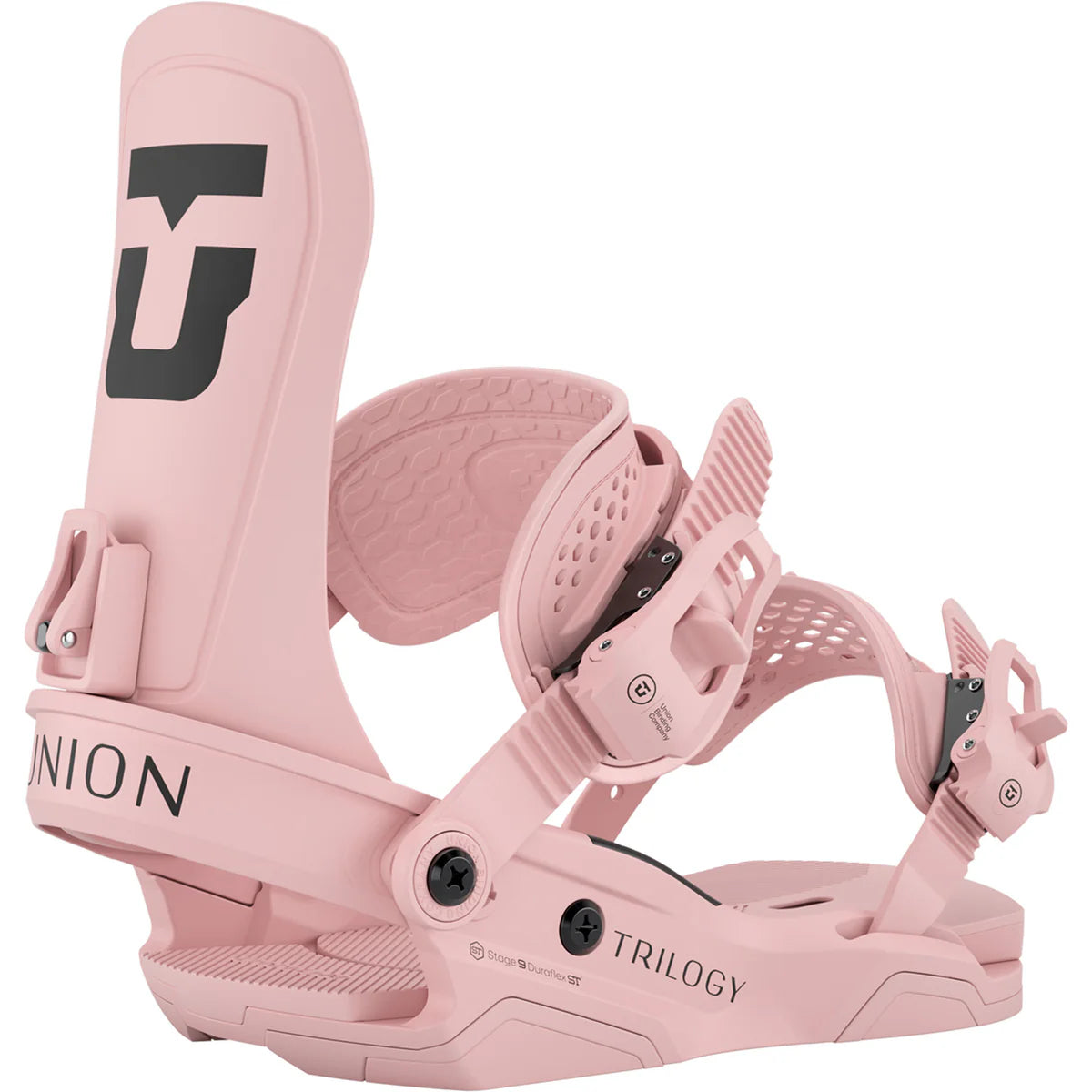 Union Trilogy women's snowboard bindings for 2026, featuring durable construction and adjustable straps on a snow-covered background.