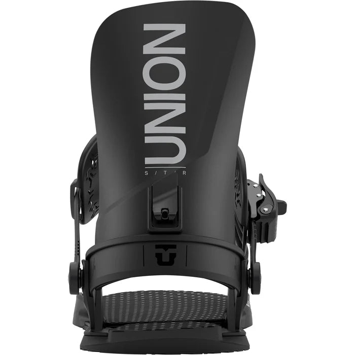 Union STR Snowboard Bindings 2026, durable black snowboarding bindings with adjustable straps and high-performance design.