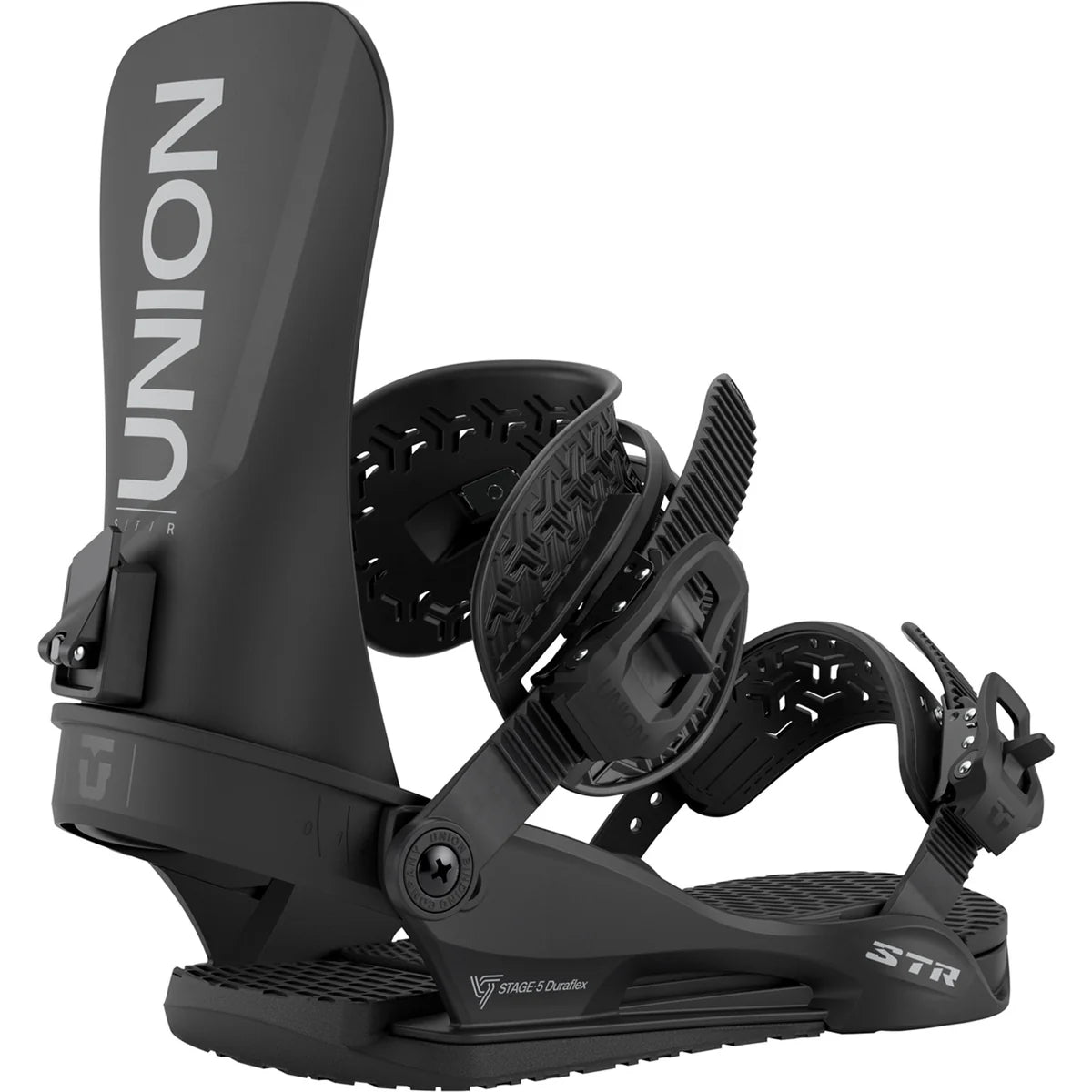 Union STR Snowboard Bindings 2026, black and red bindings with high-back support and adjustable straps, designed for snowboarding.