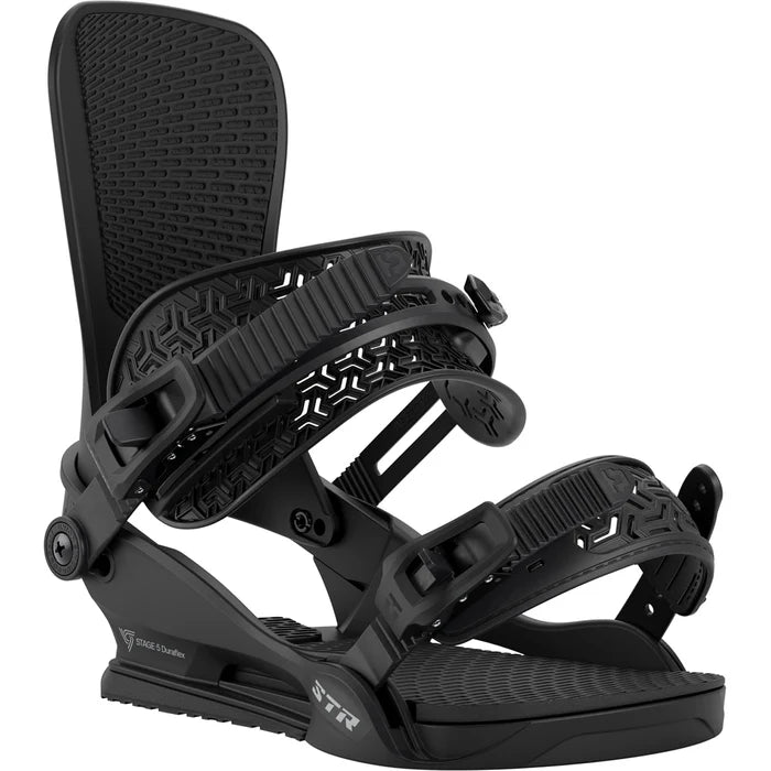 Union STR Snowboard Bindings 2026 mounted on snowboard, featuring black and silver straps and high-performance binding design.