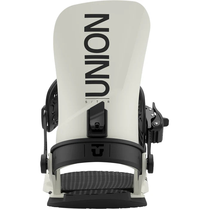 Union STR Snowboard Bindings 2026 mounted on a snowboard, showing adjustable straps and durable construction for winter snowboarding.