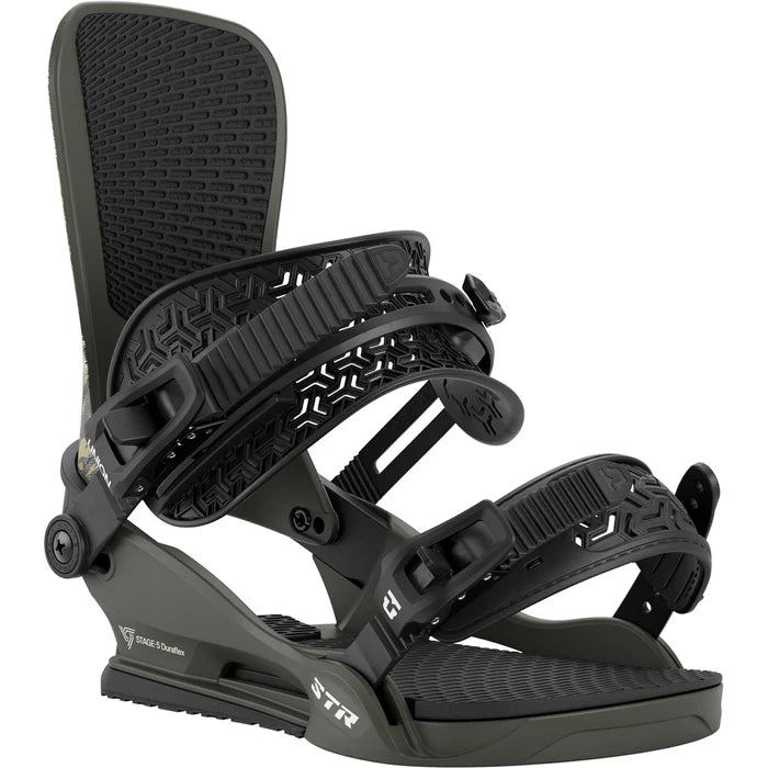 Union STR Snowboard Bindings 2026 mounted on a snowboard, showcasing durable construction and adjustable straps for snowboarding.