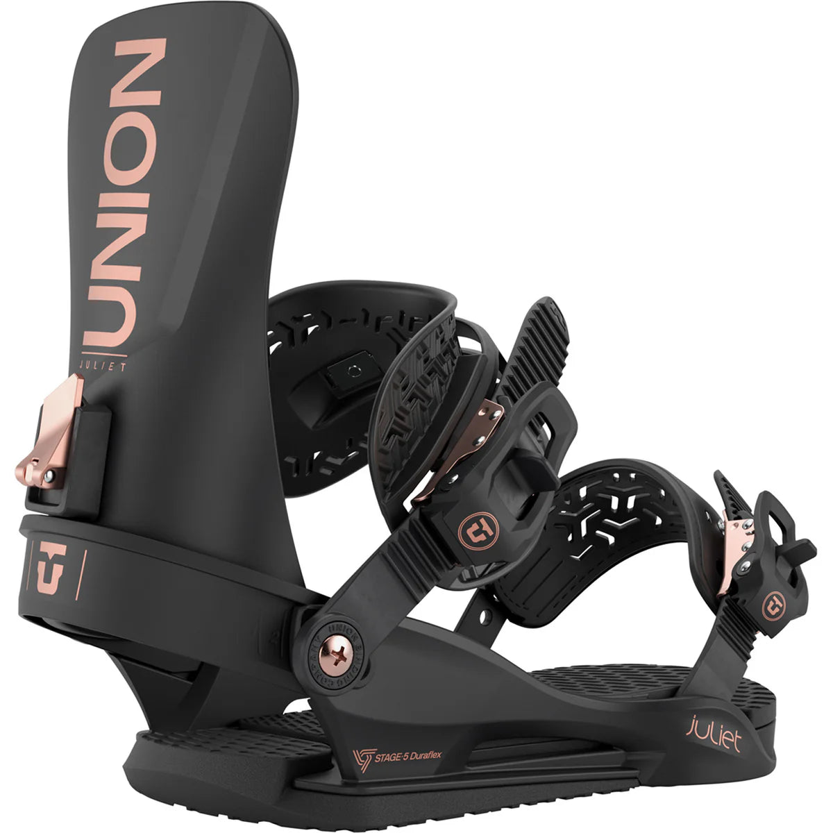 Union Juliet women's snowboard bindings for 2026 with black and pink color accents, designed for snowboarding.
