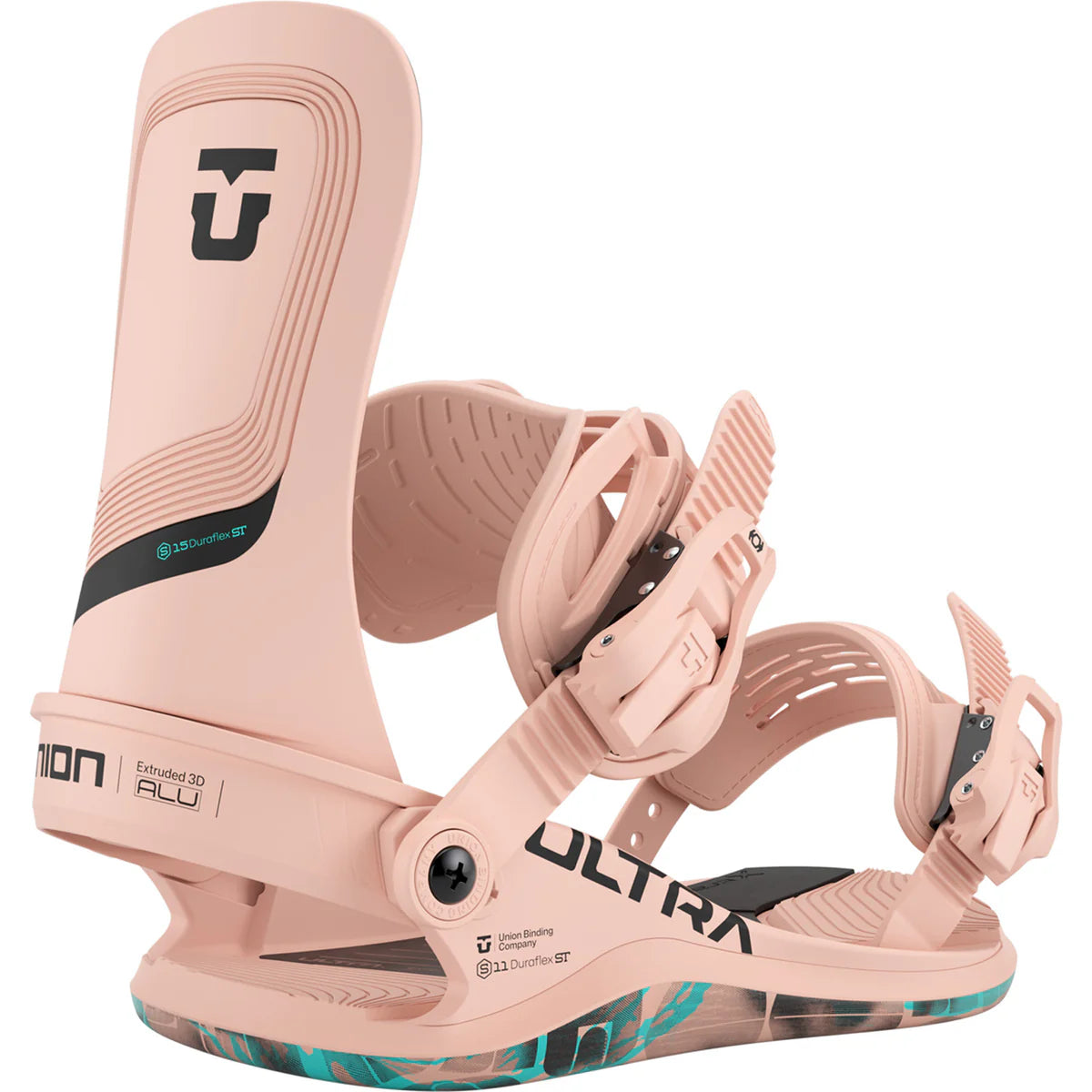 Union Ultra Women's Snowboard Bindings 2026, black and white design, adjustable straps, mounted on a snowboard.