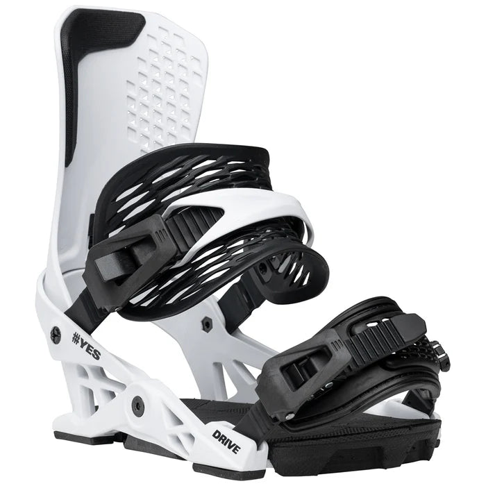 Yes Drive Snowboard Bindings 2026 mounted on a snowboard, featuring durable straps and high-performance design for winter snowboarding.