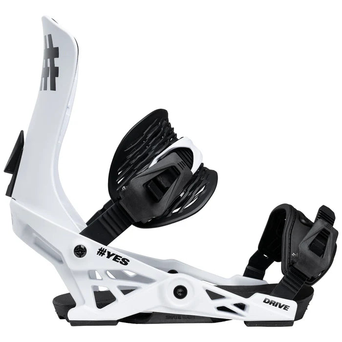 Yes Drive snowboard bindings 2026 mounted on a snowboard, showing adjustable straps and high-back support for snowboarding.