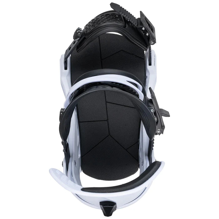 Yes Drive snowboard bindings mounted on a snowboard, showing black and red design with adjustable straps and high-back support.