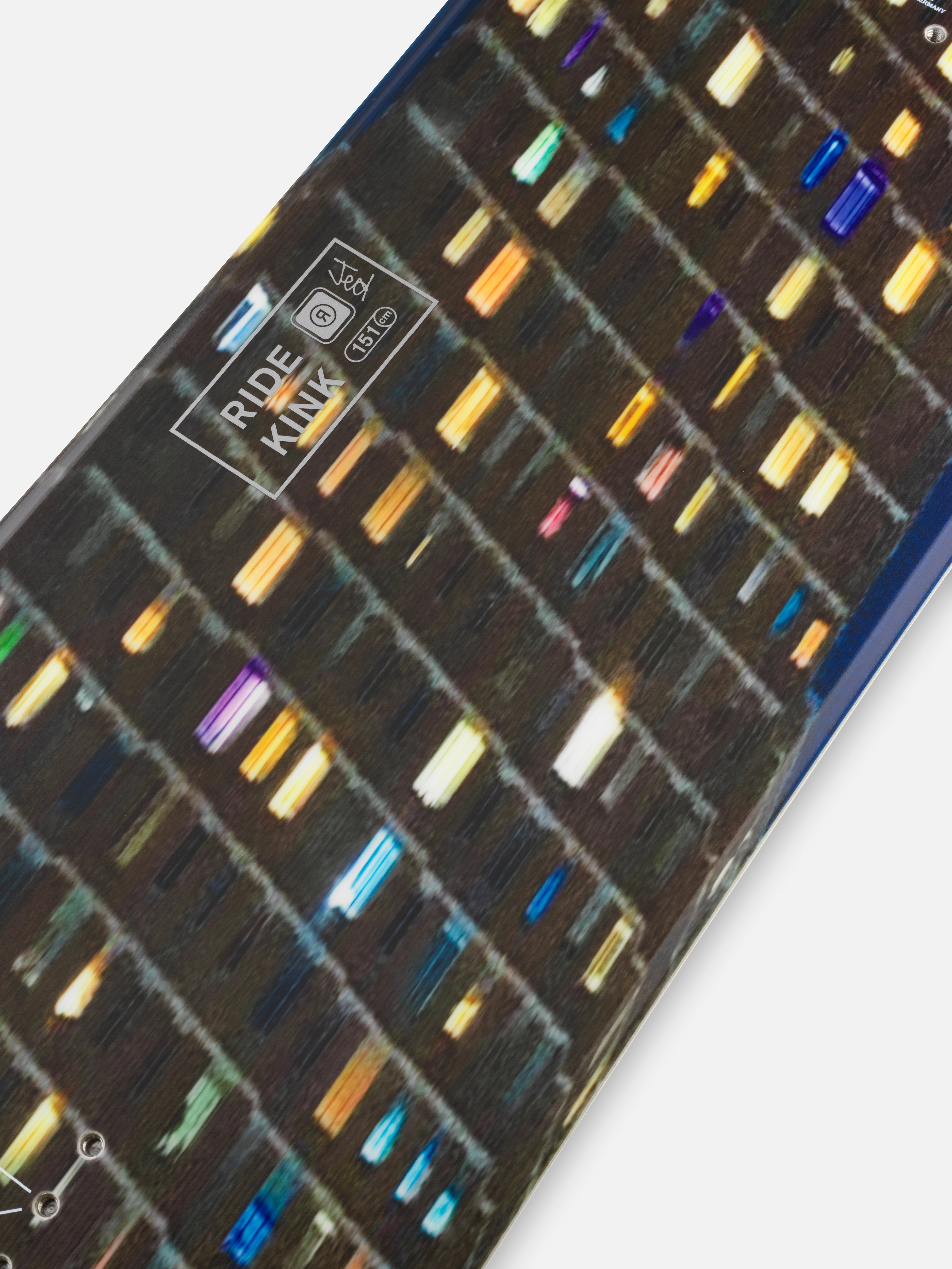 Close-up of Ride Kink Snowboard 2027 showing the detailed graphic design and construction features.