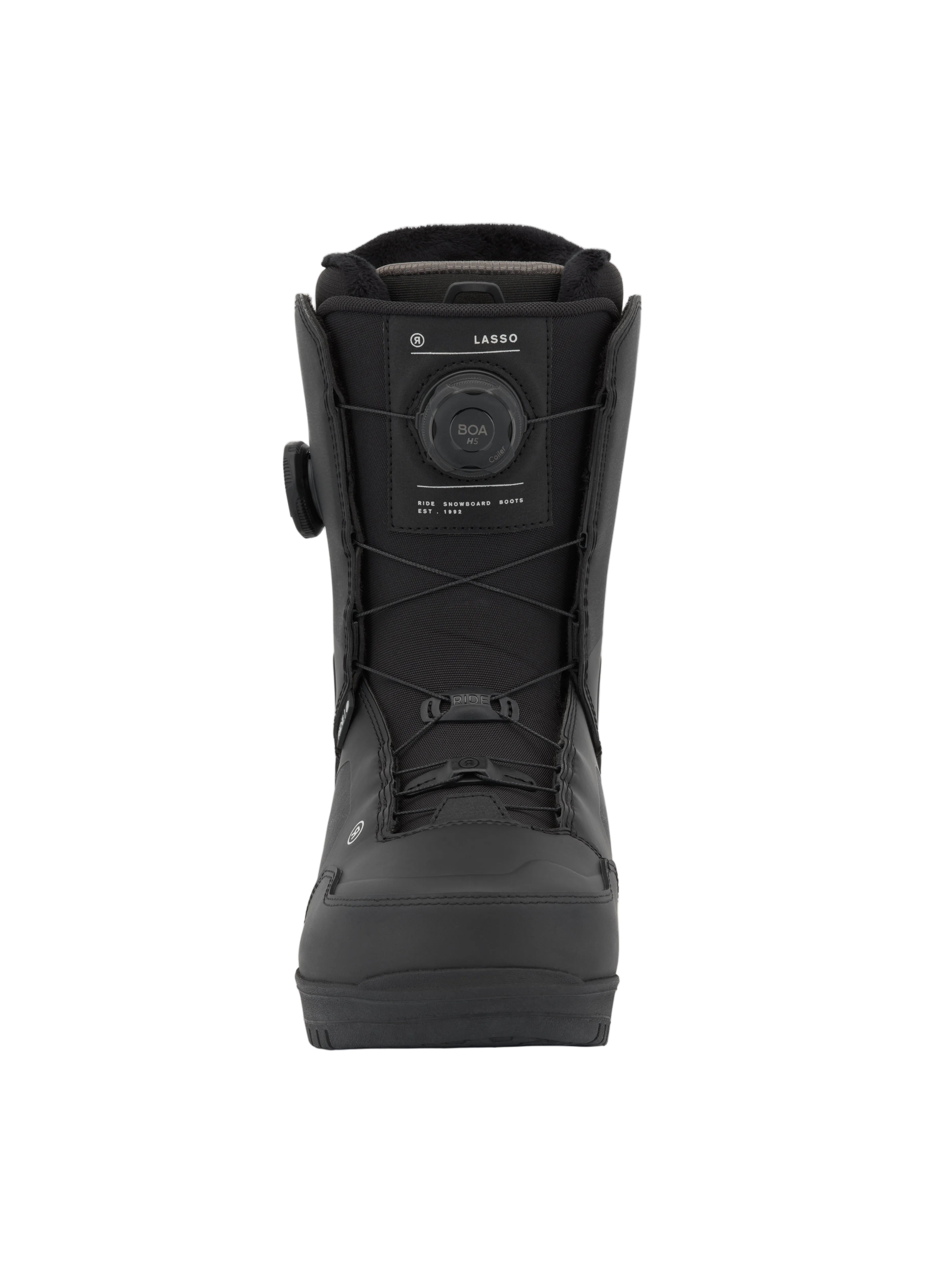 Ride Lasso Snowboard Boots 2027 front view, black and white snowboard boot with lacing system and padded collar for snowboarding.
