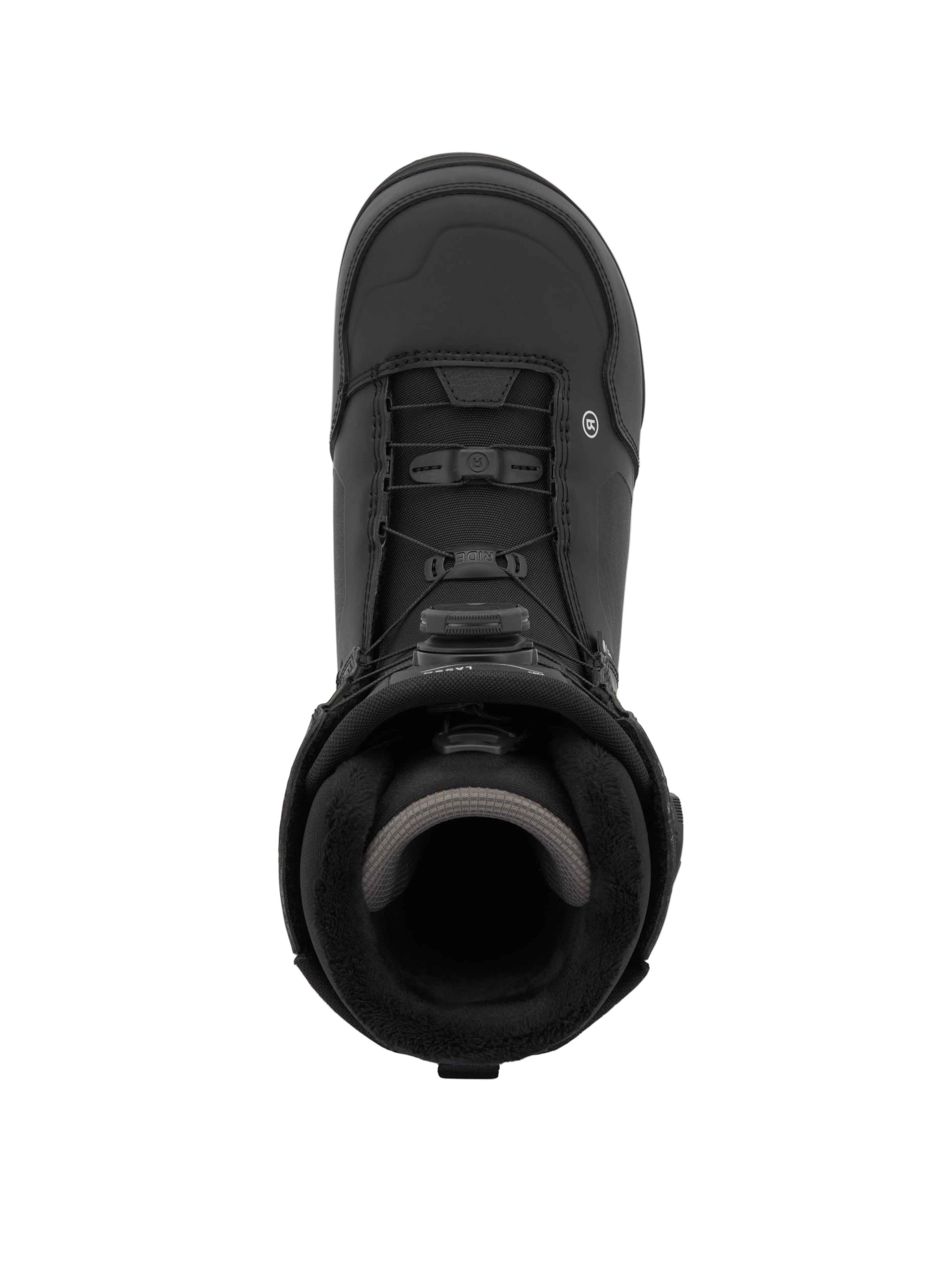Ride Lasso Snowboard Boots 2027 top view showing black and red snowboard boot with lacing system and padded ankle support.