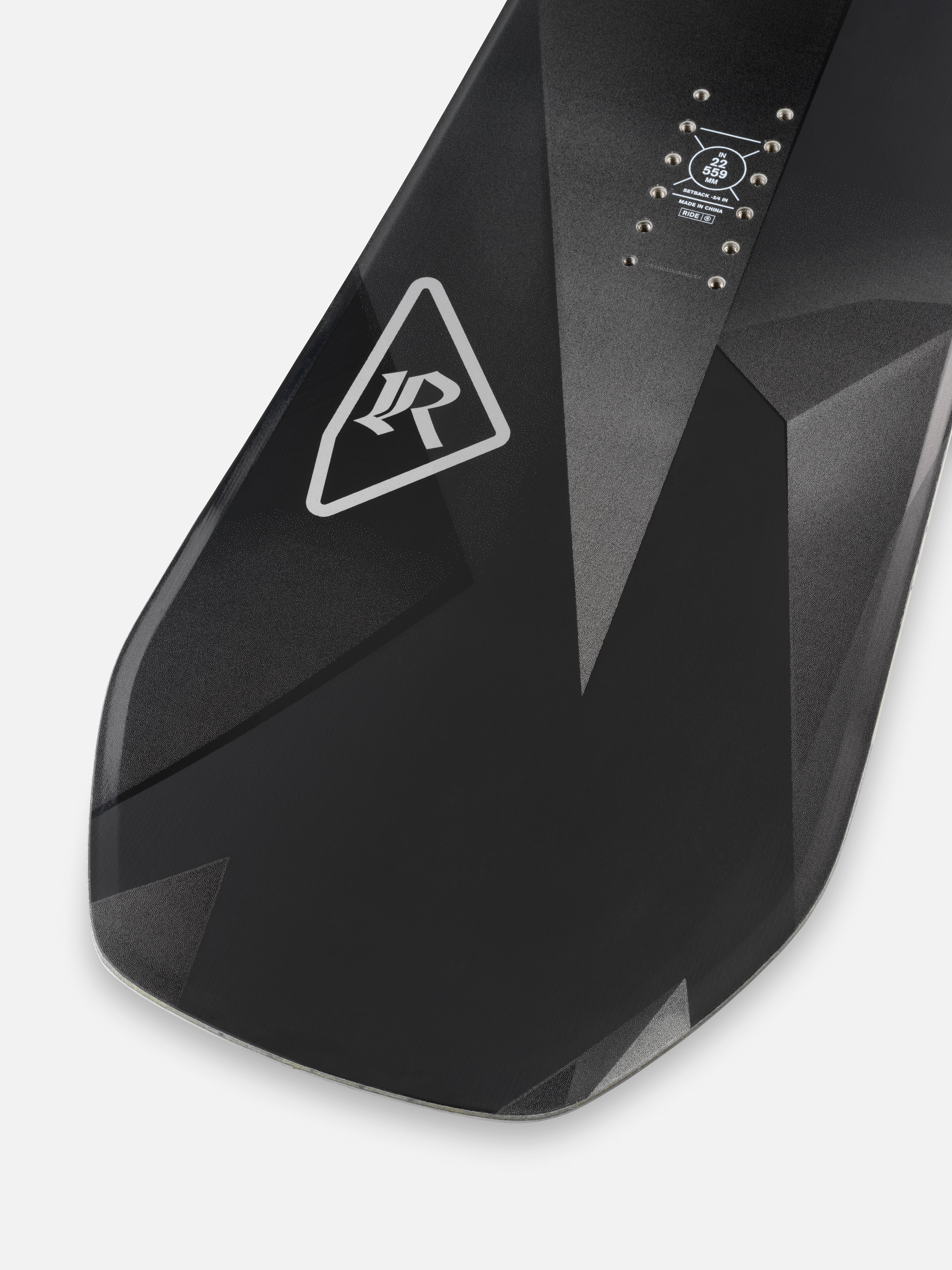 Ride Moderator Snowboard 2027 with a sleek tail design and top sheet graphics, ideal for all-mountain snowboarding.