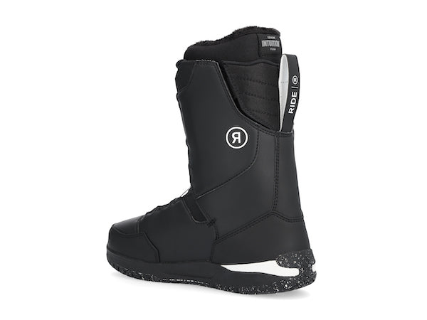 Black Ride Lasso Snowboard Boot 2025 with padded collar and lacing system on a snowy surface, designed for snowboarding comfort and performance.