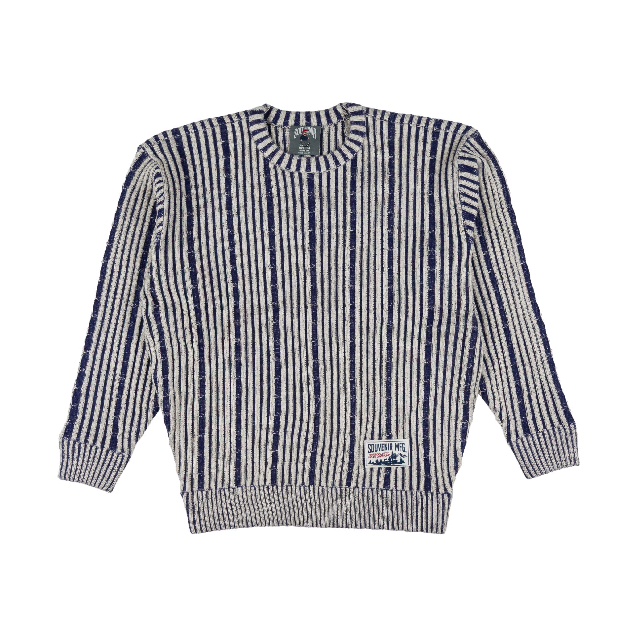 A vintage striped knit souvenir sweater with vertical navy and off-white stripes, featuring ribbed cuffs, collar, and hem. A small 'Squid Ink' brand patch is visible on the lower left hem.