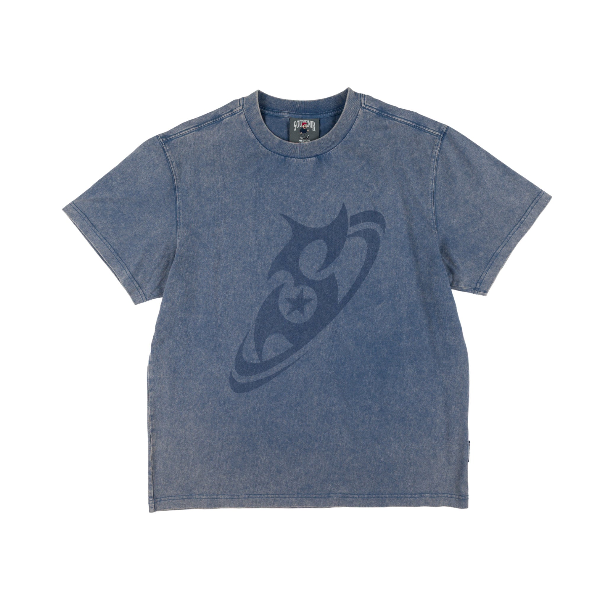 Souvenir Dirty S Tee shirt in dirty blue, unisex design featuring the Souvenir logo on the front.