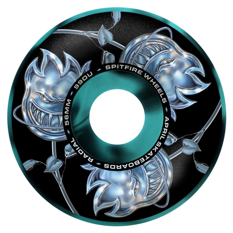 A single skateboard wheel shown on a plain white background. The wheel has a black base with metallic silver anime-style face graphics and a bright teal ring around the center. milosport swirl
