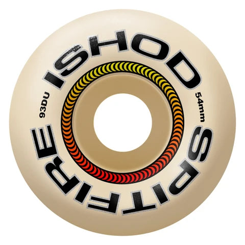 A single Spitfire Ishod skateboard wheel in a cream color with black lettering and a yellow and red graphic ring, shown on a plain white background.