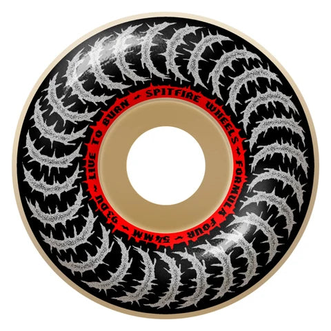 Skateboard wheel with black and white pattern and red text on a white background