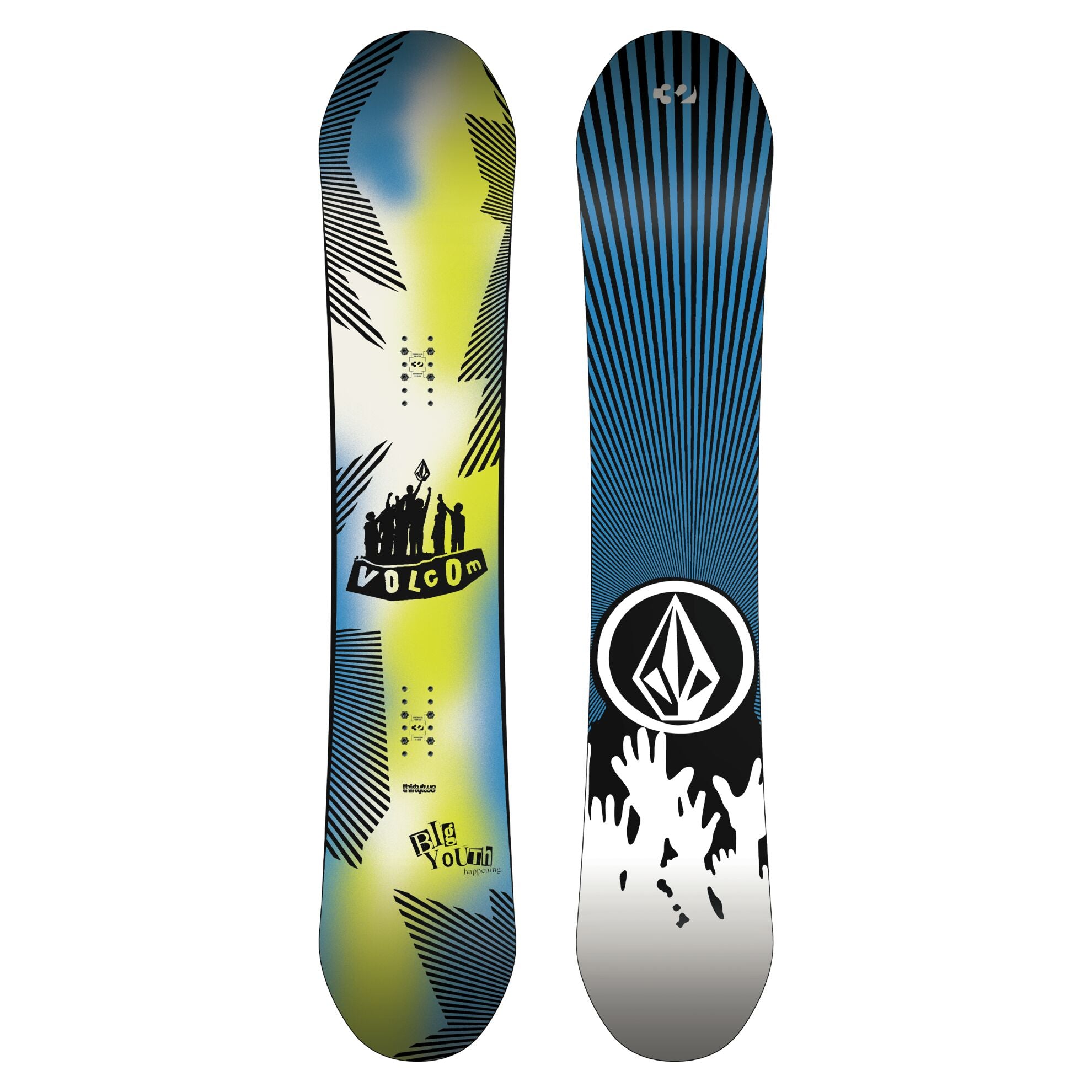 Youth snowboard by Thirty Two (32) with Volcom BYH design, featuring a colorful snowboarding graphic on a durable board.