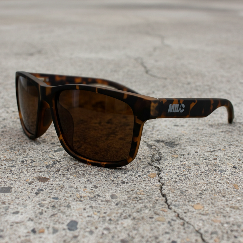 Sunglasses with tortoiseshell frame and bronze lenses on a white background
